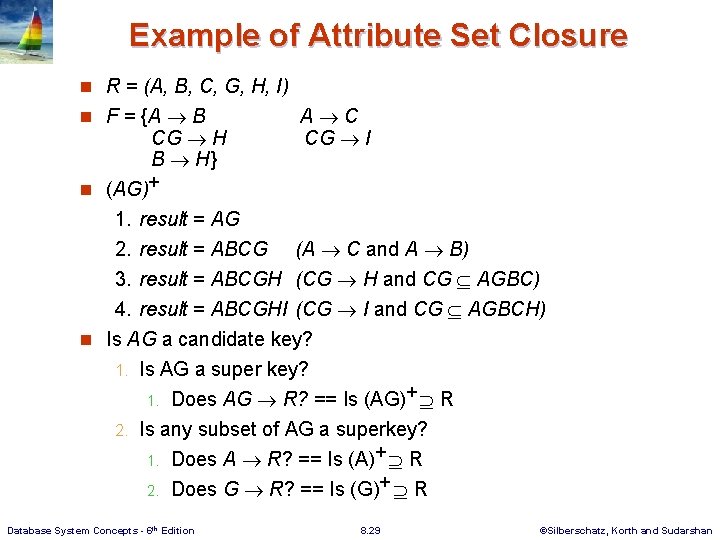 Example of Attribute Set Closure n R = (A, B, C, G, H, I)