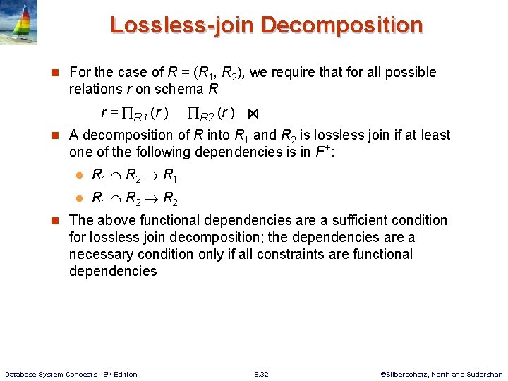 Lossless-join Decomposition n For the case of R = (R 1, R 2), we