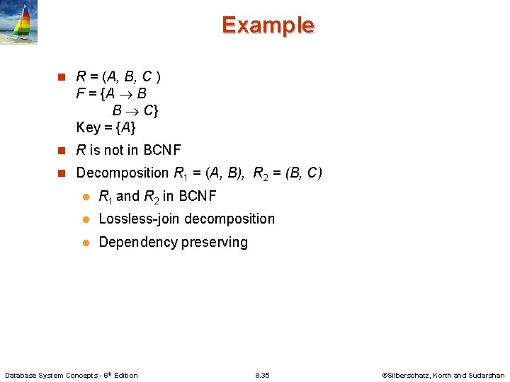 Example n R = (A, B, C ) F = {A B B C}