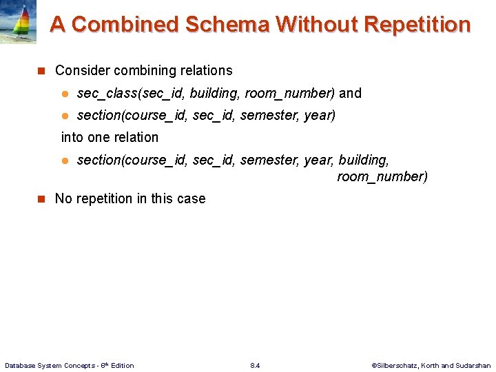 A Combined Schema Without Repetition n Consider combining relations l sec_class(sec_id, building, room_number) and