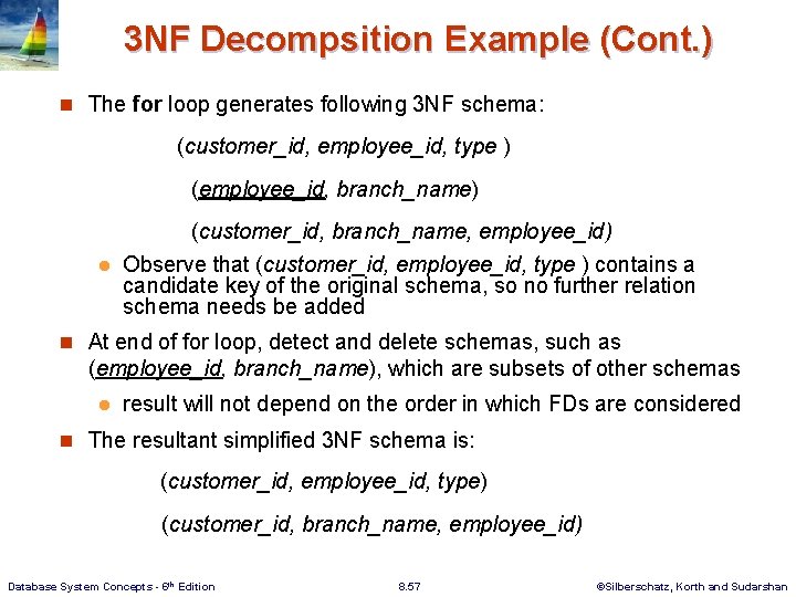 3 NF Decompsition Example (Cont. ) n The for loop generates following 3 NF
