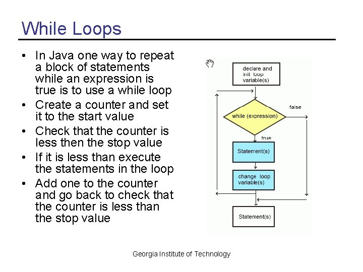 While Loops • In Java one way to repeat a block of statements while