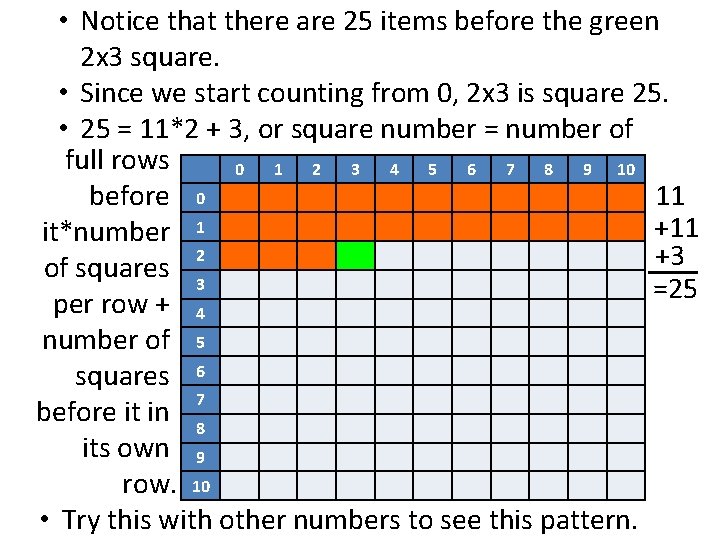  • Notice that there are 25 items before the green 2 x 3