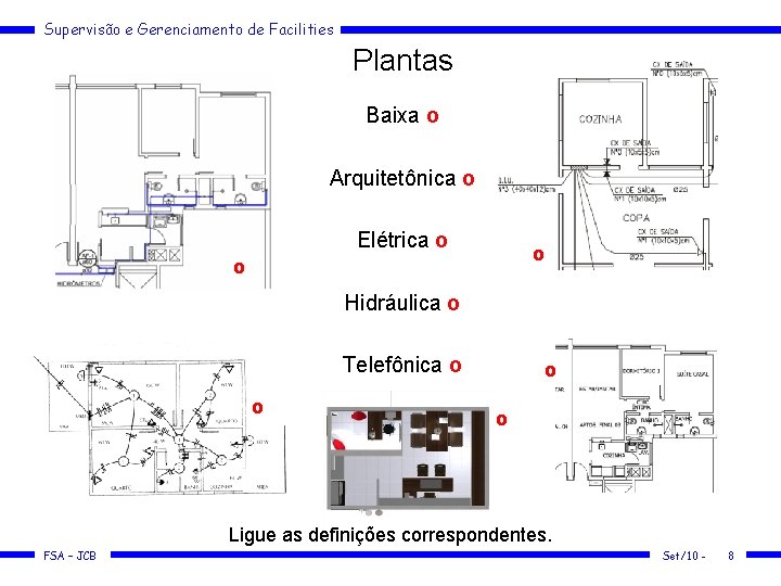 Supervisão e Gerenciamento de Facilities Plantas Baixa o Arquitetônica o Elétrica o o o