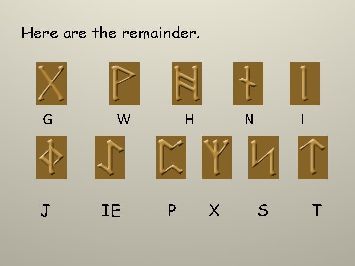 Here are the remainder. G J W IE H P N X I S