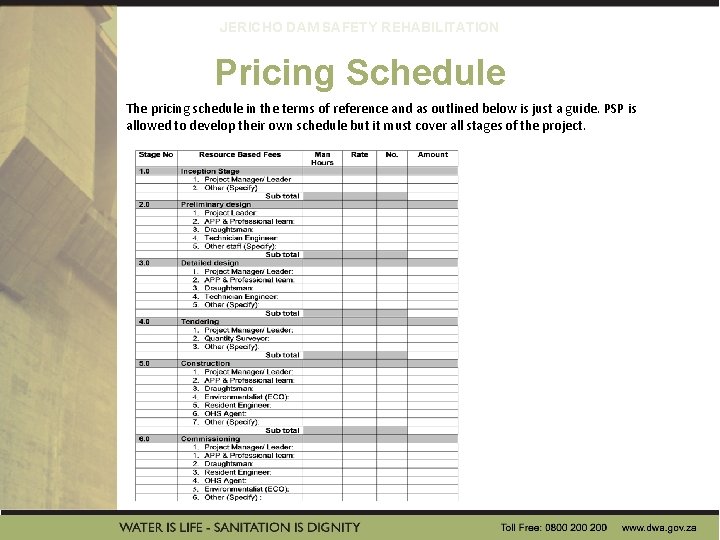 JERICHO DAM SAFETY REHABILITATION Pricing Schedule The pricing schedule in the terms of reference