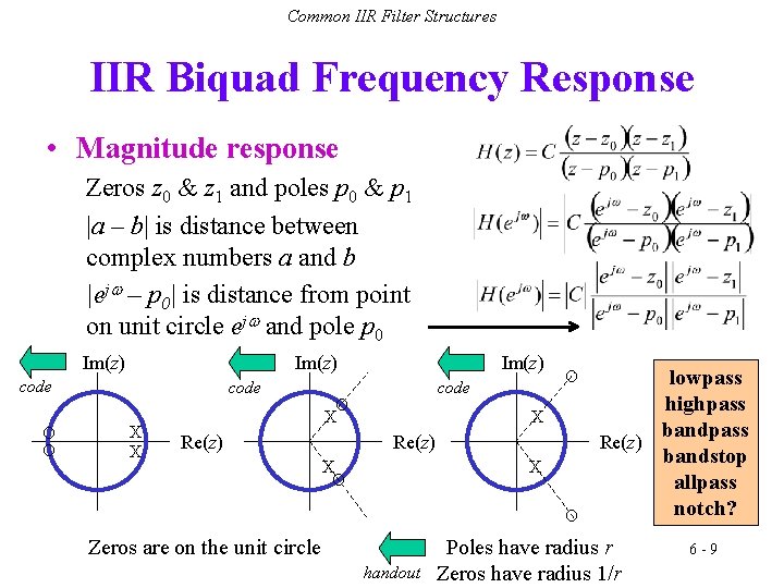 Common IIR Filter Structures IIR Biquad Frequency Response • Magnitude response Zeros z 0