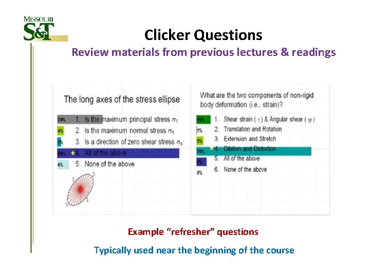 Clicker Questions Review materials from previous lectures & readings Example “refresher” questions Typically used