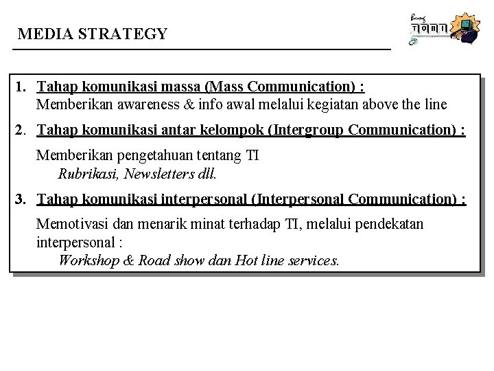 MEDIA STRATEGY 1. Tahap komunikasi massa (Mass Communication) : Memberikan awareness & info awal