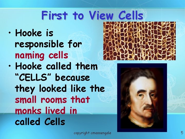 First to View Cells • Hooke is responsible for naming cells • Hooke called