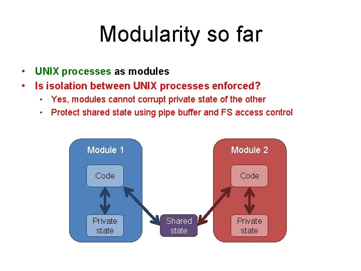 Modularity so far • UNIX processes as modules • Is isolation between UNIX processes