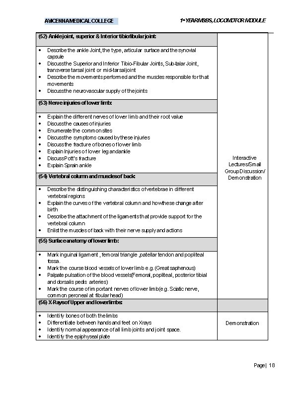 AVICENNA MEDICAL COLLEGE 1 st. YEARMBBS, LOCOMOTOR MODULE (52) Ankle joint, superior & Interior