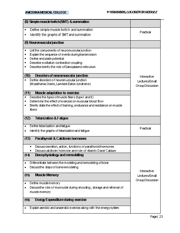 AVICENNA MEDICAL COLLEGE 1 st. YEARMBBS, LOCOMOTOR MODULE (8) Simple muscle twitch(SMT) & summation