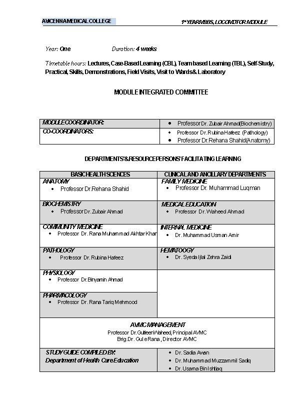 AVICENNA MEDICAL COLLEGE Year: One 1 st. YEARMBBS, LOCOMOTOR MODULE Duration: 4 weeks Timetable