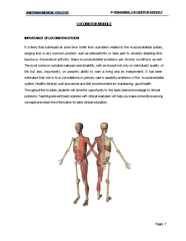 1 st. YEARMBBS, LOCOMOTOR MODULE AVICENNA MEDICAL COLLEGE LOCOMOTOR MODULE IMPORTANCE OFLOCOMOTOR SYSTEM It