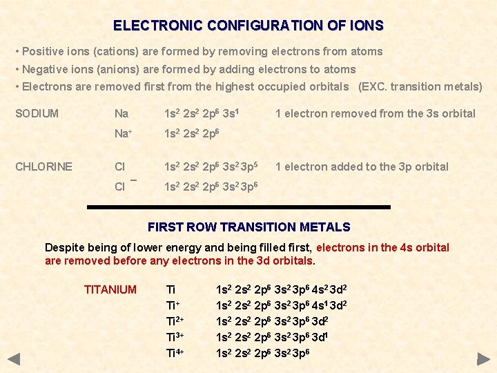 ELECTRONIC CONFIGURATION OF IONS • Positive ions (cations) are formed by removing electrons from