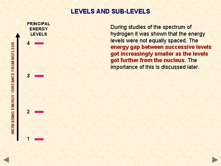 LEVELS AND SUB-LEVELS INCREASING ENERGY / DISTANCE FROM NUCLEUS PRINCIPAL ENERGY LEVELS 4 3