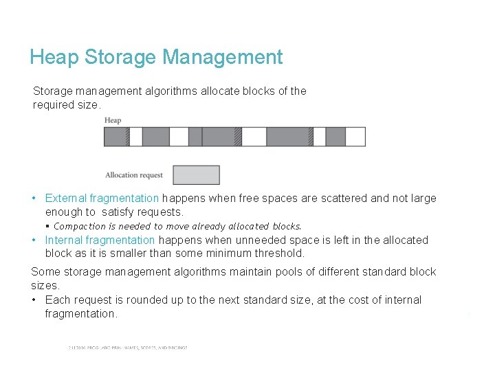 Heap Storage Management Storage management algorithms allocate blocks of the required size. • External