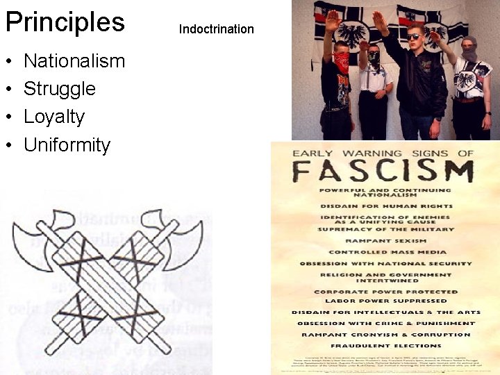 Principles • • Nationalism Struggle Loyalty Uniformity Indoctrination Principles • • Nationalism Struggle Loyalty Uniformity Indoctrination