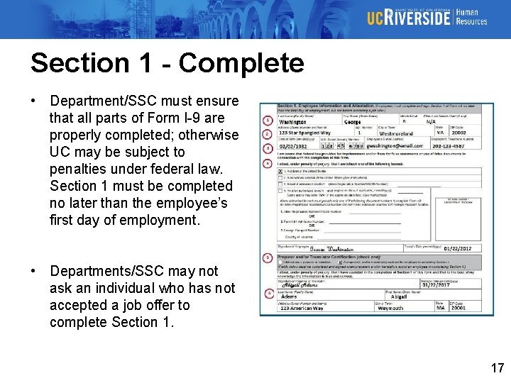 Section 1 - Complete • Department/SSC must ensure that all parts of Form I-9