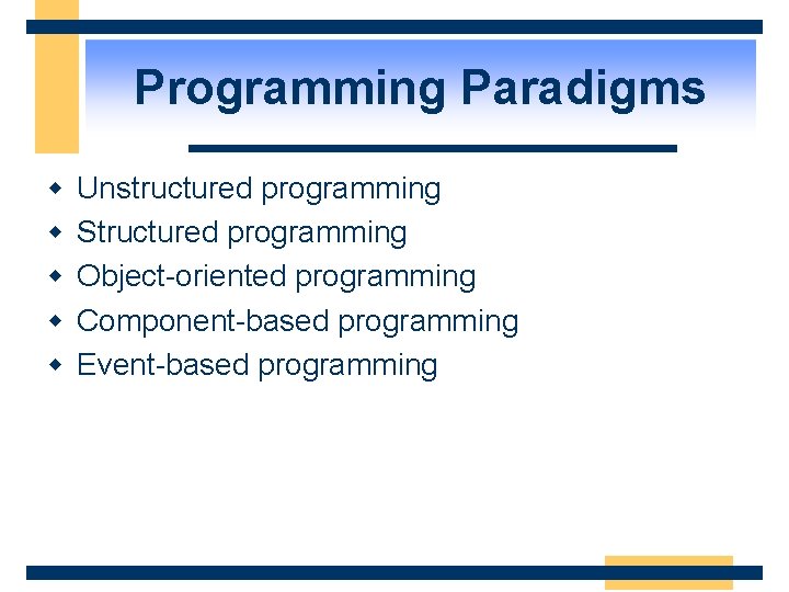 Programming Paradigms w w w Unstructured programming Structured programming Object-oriented programming Component-based programming Event-based
