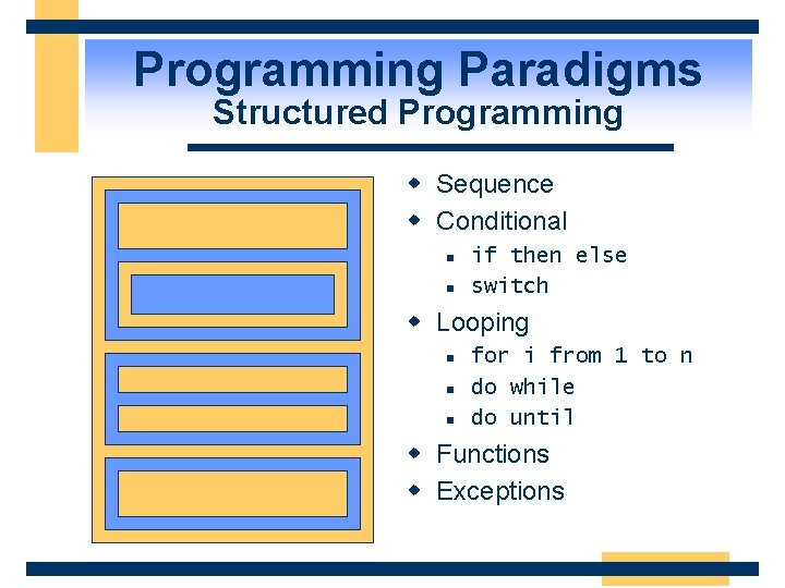 Programming Paradigms Structured Programming w Sequence w Conditional n n if then else switch