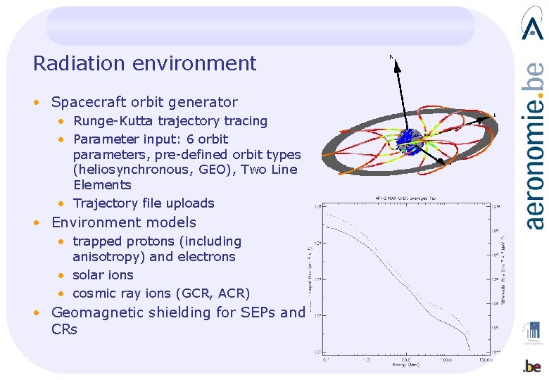 Radiation environment • Spacecraft orbit generator • Runge-Kutta trajectory tracing • Parameter input: 6