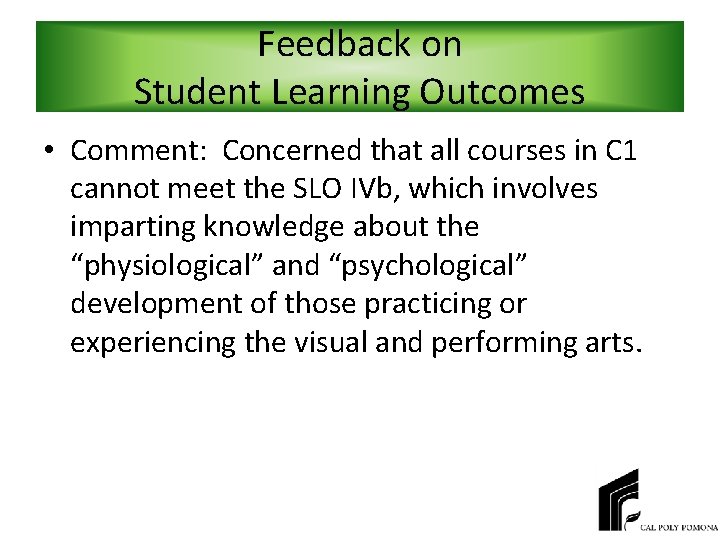 Feedback on Student Learning Outcomes • Comment: Concerned that all courses in C 1