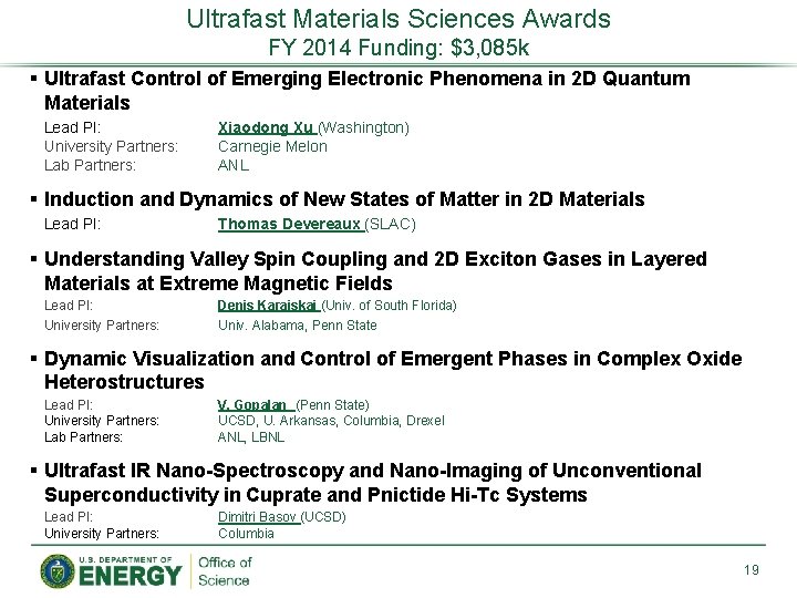 Ultrafast Materials Sciences Awards FY 2014 Funding: $3, 085 k § Ultrafast Control of