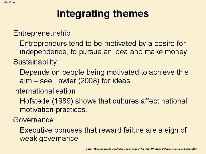 Slide 15. 19 Integrating themes Entrepreneurship Entrepreneurs tend to be motivated by a desire