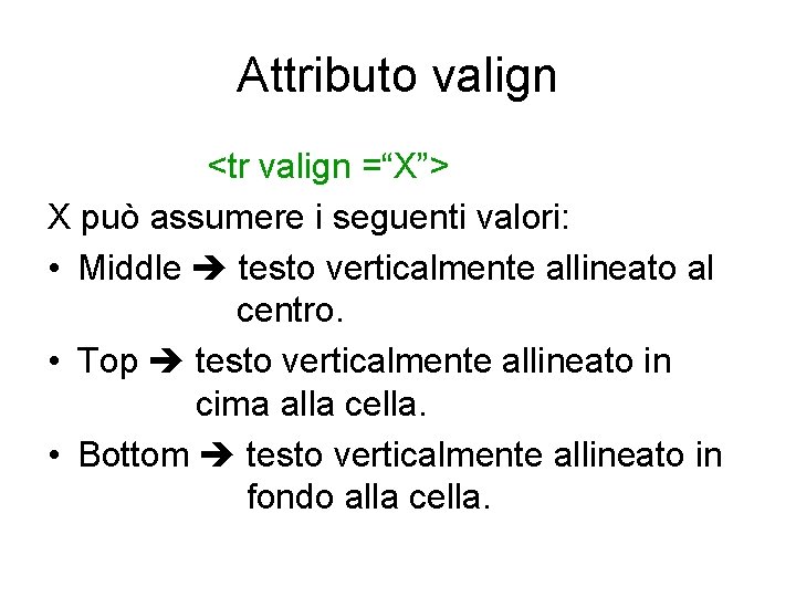 Attributo valign <tr valign =“X”> X può assumere i seguenti valori: • Middle testo