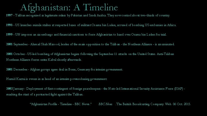 Afghanistan: A Timeline 1997 - Taliban recognised as legitimate rulers by Pakistan and Saudi