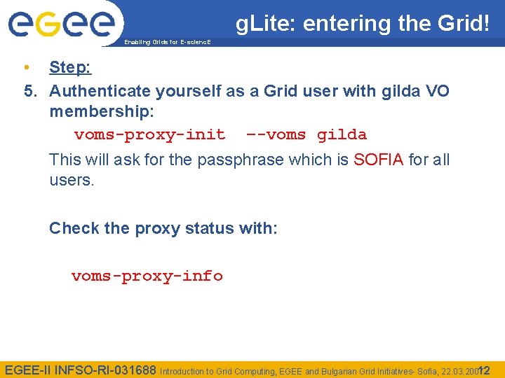g. Lite: entering the Grid! Enabling Grids for E-scienc. E • Step: 5. Authenticate
