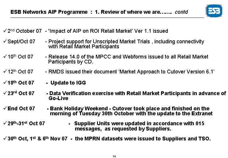 ESB Networks AIP Programme : 1. Review of where we are……. contd ü 2