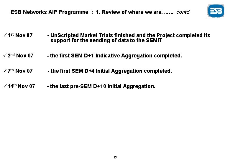 ESB Networks AIP Programme : 1. Review of where we are……. contd ü 1