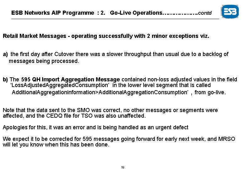 ESB Networks AIP Programme : 2. Go-Live Operations………………. contd Retail Market Messages - operating