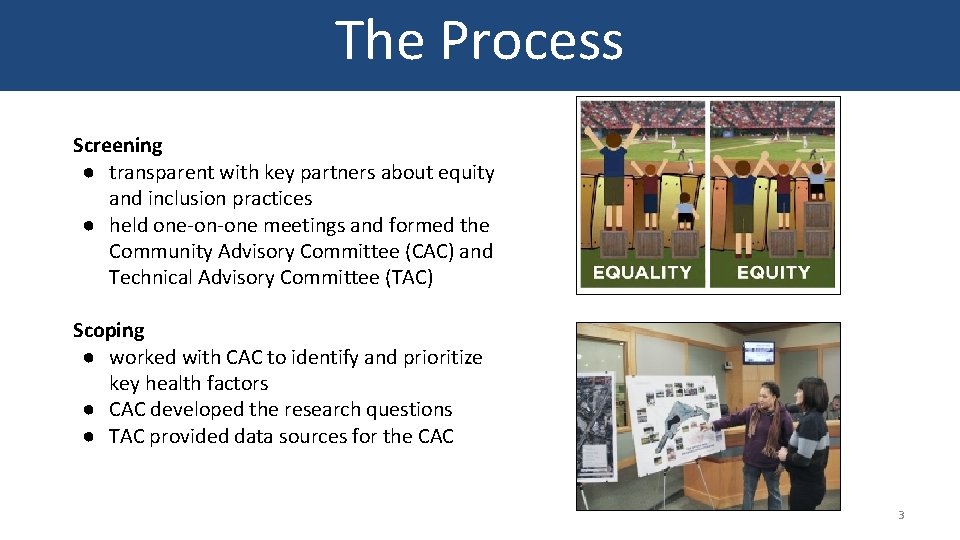 The Process Screening ● transparent with key partners about equity and inclusion practices ●