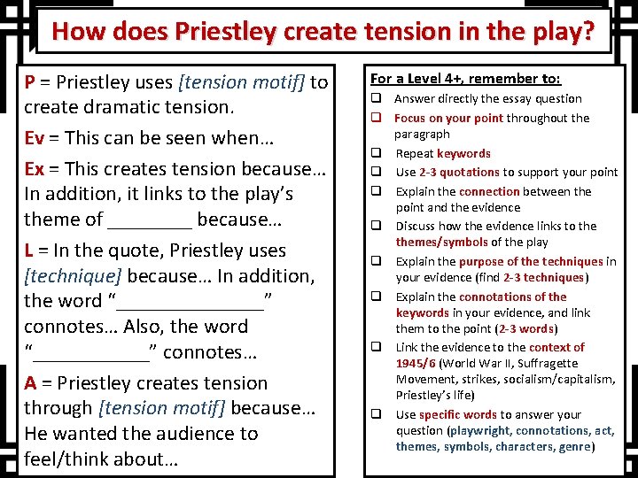 How does Priestley create tension in the play? P = Priestley uses [tension motif]