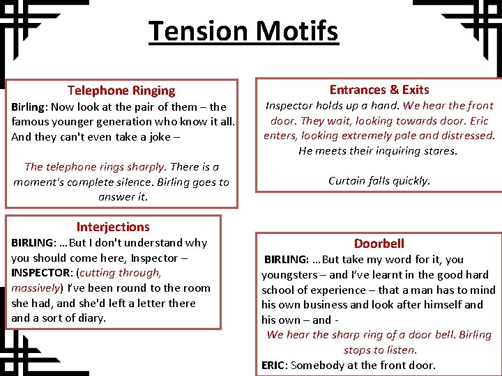 Tension Motifs Telephone Ringing Birling: Now look at the pair of them – the