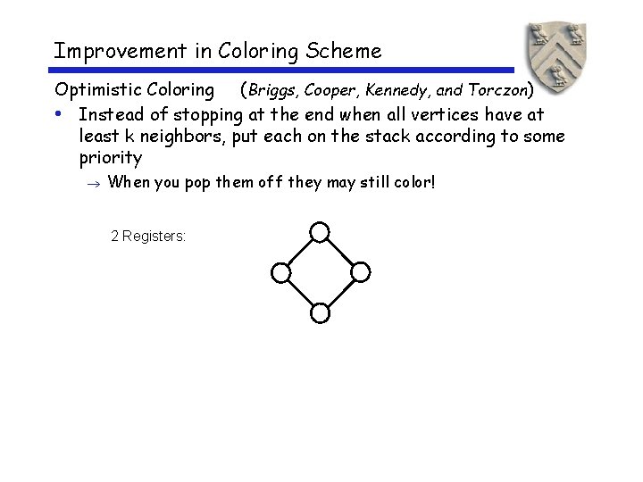 Improvement in Coloring Scheme Optimistic Coloring (Briggs, Cooper, Kennedy, and Torczon) • Instead of