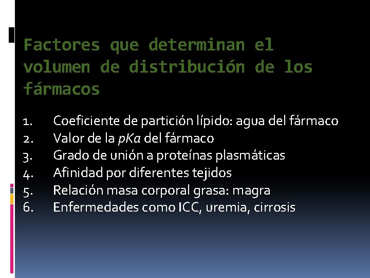 Factores que determinan el volumen de distribución de los fármacos 1. 2. 3. 4.