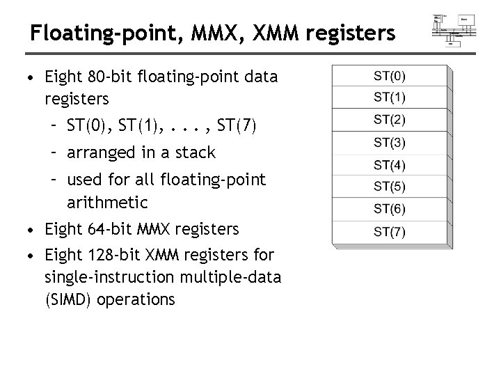 Floating-point, MMX, XMM registers • Eight 80 -bit floating-point data registers – ST(0), ST(1),