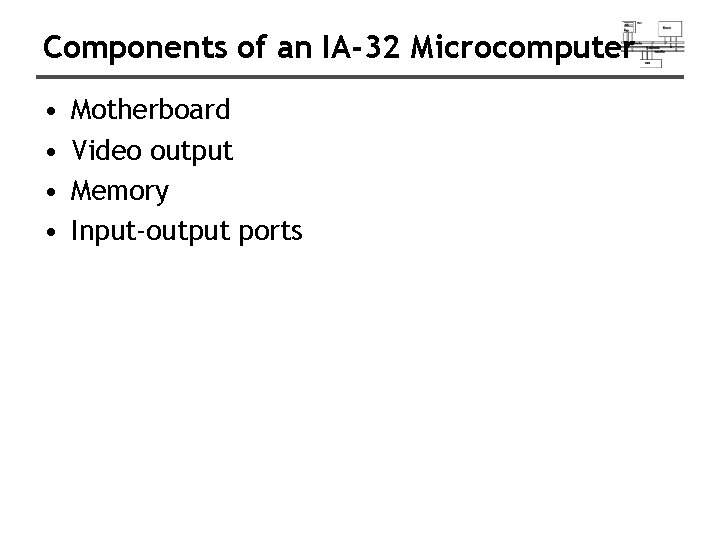Components of an IA-32 Microcomputer • • Motherboard Video output Memory Input-output ports 