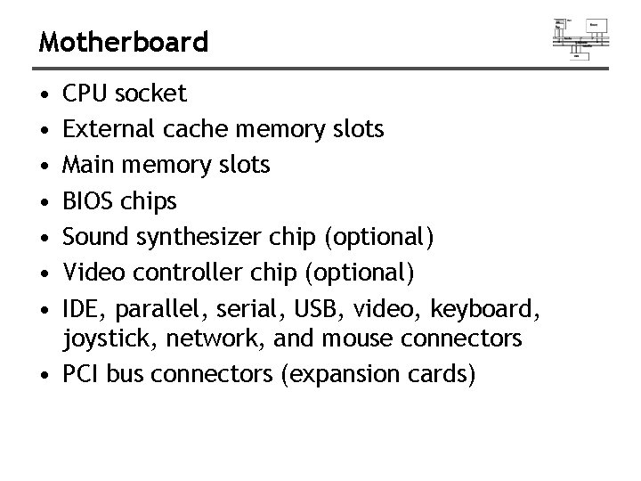 Motherboard • • CPU socket External cache memory slots Main memory slots BIOS chips