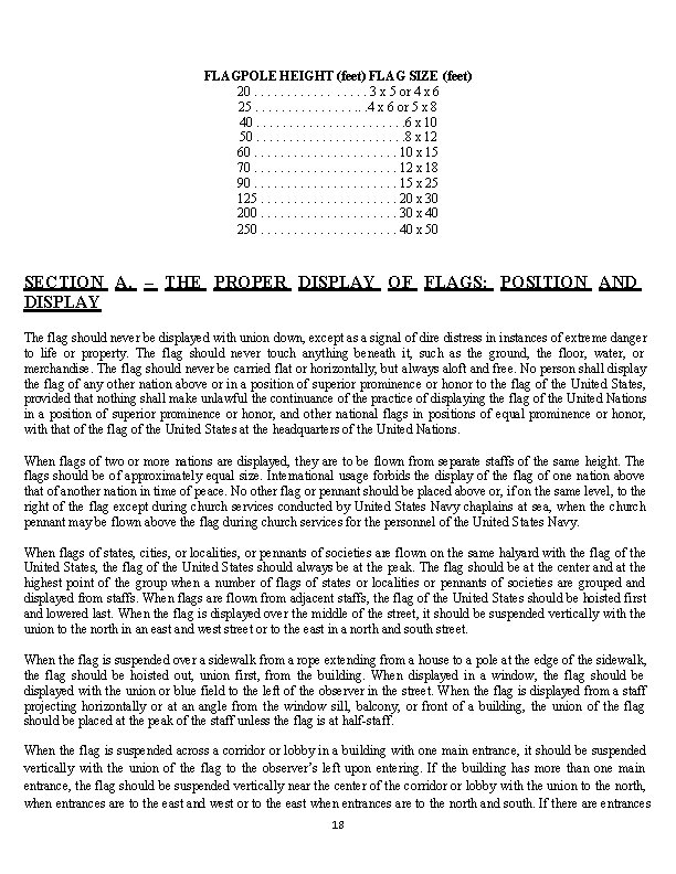 FLAGPOLE HEIGHT (feet) FLAG SIZE (feet) 20. . . . 3 x 5 or