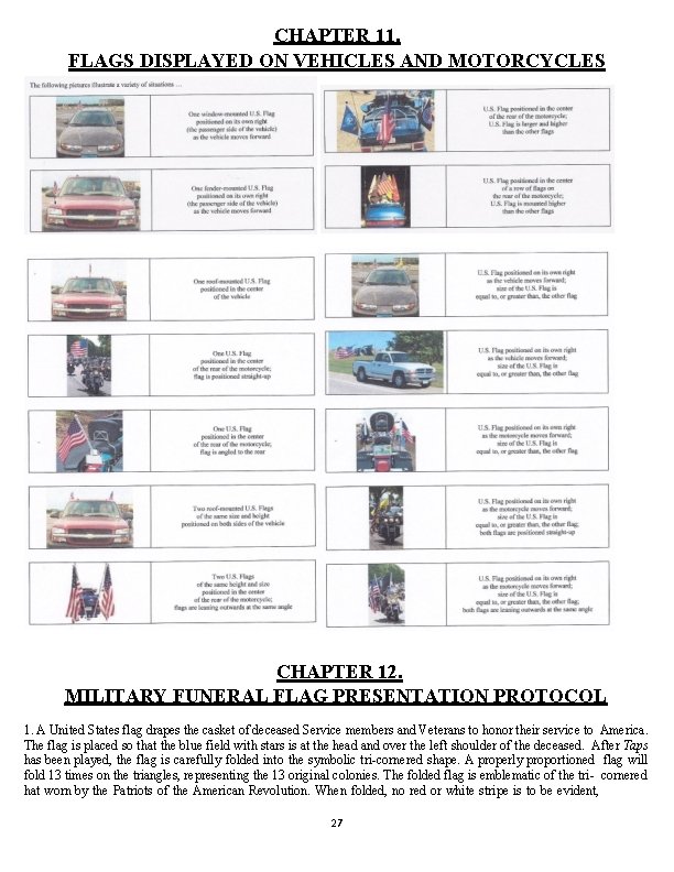 CHAPTER 11. FLAGS DISPLAYED ON VEHICLES AND MOTORCYCLES CHAPTER 12. MILITARY FUNERAL FLAG PRESENTATION
