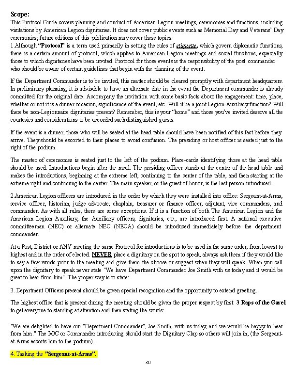 Scope: This Protocol Guide covers planning and conduct of American Legion meetings, ceremonies and