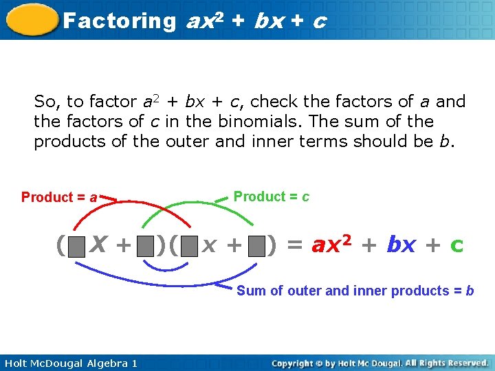 Factoring ax 2 + bx + c So, to factor a 2 + bx