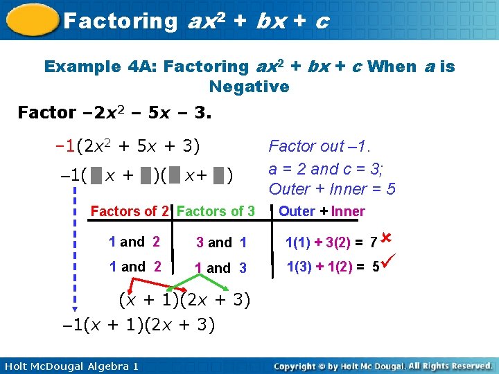 Factoring ax 2 + bx + c Example 4 A: Factoring ax 2 +