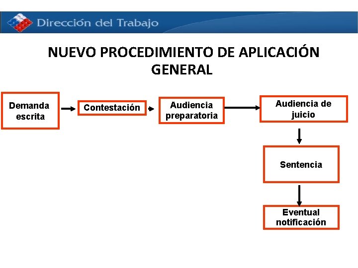 NUEVO PROCEDIMIENTO DE APLICACIÓN GENERAL Demanda escrita Contestación Audiencia preparatoria Audiencia de juicio Sentencia